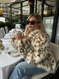 Fongt 2025 Autumn And Winter New Temperament Fashion Leopard-Print Collar Imitation Fur Coat