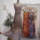 Sexy Tie-Dye Print Dress Waist Folded Folded Black Back Mesh Slings Long Skirt