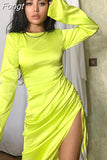 Autumn Satin Ruched Sexy Y2K Clothes Long Sleeve Side Slit Bodycon Midi Dresses For Women 2023 Club Party Elegant