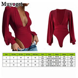 Black Deep V Neck Bodysuit Women Sexy Puff Sleeve Bodycon Jumpsuit Solid Elastic Casual Party Winter Bodysuits Body