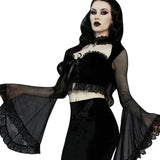 Strapped With Lace Spliced Horn Long-Sleeved Shirt Dark Slim Sexy Navel Cardigan T-Shirt-Outfit