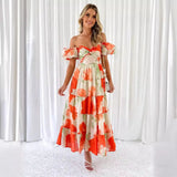 Fongt Spring Summer New Temperament Printing Bubble Sleeve High-End Dress Women