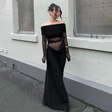 Fongt Autumn And Winter Women's Fashion Word Shoulder Long Sleeves Bare Waist Mesh Splicing Bag Of Hip Dress