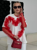 Fongt Eogen Yarn Folded Spliced T-Shirt Women Fashion In Wind Collar Loose Cotton Top