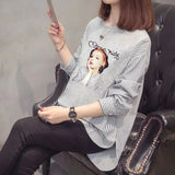 Striped Patchwork Split Shirt Korean Loose Spring Autumn Long Sleeve Female Clothing Casual Printed Round Neck Blouse-Outfit