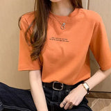 Fongt T-Shirt Women Summer 2024 New Korean Edition Loose Print Round Neck Top Half Sleeve Shirt Bottom Shirt Ins