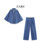 Fongt Homemade New Women's Wide Sleeved Denim Shirt High Waisted Rolled Legged Jeans