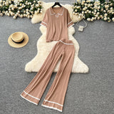 Fongt Version Of Retro Fashion Collar Collar Short-Sleeved Knitting Top + High-Waisted Casual Broad-Legged Trousers 2025 Summer Set