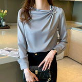 Women Blouses Chiffon Shirts Women Beading Blouse Tops Woman Long Sleeve Shirt Woman Pleated Shirts Pullover Ladies
