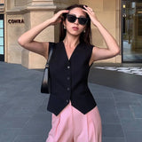 Fongt V-Neck Small Suit Vest Women With Retro Short Folded Oversleeping Vest Sleeveless Shoulder Coat