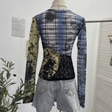 Fongt Tat Yarn Print Bottom Blouse Spliced Lace Long-Sleeved T-Shirt 22917