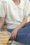 Women T-shirt Cute Button Short Sleeve Sweater Femme Single Breasted Peter Pan Collar Summer New