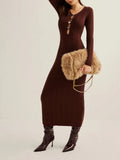 Fongt New Women's Dress French Retro Solid Color V-Neck Long-Sleeved Bag Hip Knitted Dress