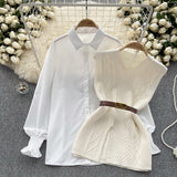 Fongt Style Suit Women's Casual Long-Sleeved Shirt + Waist V-Neckless Knitted Vest Two-Piece Set