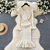 Fongt Retro Doll Collar Horn Sleeve Dress Women Autumn Waist Thin Temperament Knitted Dress