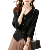 Fongt Niche Shirt Women 2025 Spring New Seven-Sleeve V-Necked Black Waist-Skinny Blouse Tide