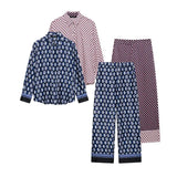 Fongt And Summer Print Casual Set Silk-Sense Stitling Long-Sleeved Single-D Row Loose Shirt High-Waisted Trousers Woman