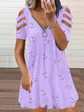 Fongt Wish Women's V-Neck Zipper Printed Short Sleeves Relaxed Casual Lavender Dress