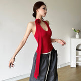 Fongt Summer Women's Solid Color Hanging Neck Stereo Flower Vest High Waist Loose Straight Trousers-Outfit