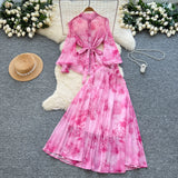 Fongt Temperament Two Sets Of Female High-Grade Style Straps To The Waist Lantern Sleeve Print Chiffon Top + High Waist Skirt