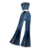 Fongt Hot Diamond Cowboy Suit Women's Summer Sleeveless Chest Vest + High-Waisted Denim Horn Trousers