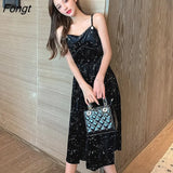 Women dress Korean style Silk Velvet Off shoulder A-line star Black Party Dress Elegant Female Spaghetti Strap
