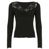 Lace Cross V-Neck Long Sleeve Tee-Outfit