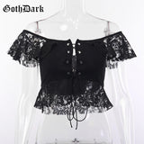 Dark lace T-shirts Mesh Hollow Out Hole Crop Top Gothic Sexy Eyelet Backless Transparent Patchwork Slash Neck 2021