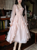 Vintage Evening Party Midi Dress Women Pink Korean Style Sweet Dress Female Bubble Sleeve Elegant Fairy Dress Autumn