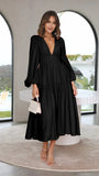 Fongt Autumn And Winter V Collar Waist Show Thin Pleated Long Sleeve Small Fresh Dress Female 23051-Outfit