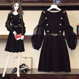 Women 2022 Autumn Fall Elegant Black Dress O Neck Chiffon Long Sleeve Vintage Knee Dresses Office Ladies
