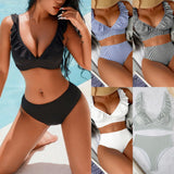 2025 New Swimwear Striped High-Waist V-Necked Lotus Edge Bikin Swimsuit Lady