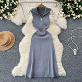Fongt A Small-Sized Lap Collar Zipper Sleeveless Dress Women Decorate The Body Thin Leisure Medium Long Over-膝 Knit Dress