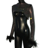 Rhinestone Feather Women's T-Shirt Fishnet Mesh Hollow Out See Through Long Sleeve Crop Tops Tee Party