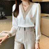 Spring Office Lady Long Sleeve Blouse Fashion Solid V Neck Chiffon Blouses Women Tops Plus Size Clothing Loose Blusas