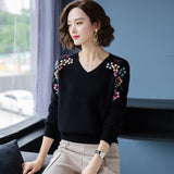 V-Neck Flower Embroidery knitted Pullovers For Women Fashion spring Elastic Sweaters Large Size Casual Knitwear Tops