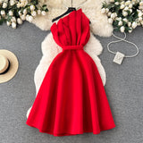 Fongt Party Dress Dress Women's Summer French Collared Shoulder Bubble Sleeve High Waist Fork Banquet Dress