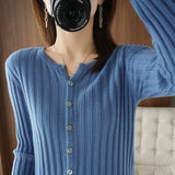 Fongt Long Sleeve Spring And Autumn New Round Collar Cardigan Women's Jacket Slim Soft Waxy Bottom Coat Thin Sweater-Outfit