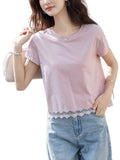 Fongt Style Lace Splicing Design Short-Sleeved T-Shirt 2025 Summer New Age-Reduce Round Collar Small Short Top