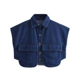 Fongt Color Women's Clothing 2025 Spring Solid Color Big Pocket Sleeveless Polo Collared Denim Shirt Blouse