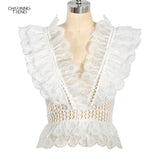 Lace Tanks Tops Openwork V-Neck Backless Sleeveless short Tanks Summer Black Lace Banquet Elegant Female Party Tops