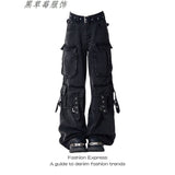 Fongt High Street Multi-Pocket Black Work Clothes Jeans Women 2025 New High-Waisted Loose Broad-Legged Trousers