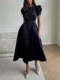Women's Summer Dress with Botton White Elegant Office Ladies Split Short Sleeve A-Line Chic Holiday Party Maxi Dresses for Women-Outfit