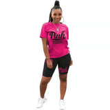 Summer New PINK Letter Print Short Sleeves Tshirt + Biker Shorts Sets Casual Two Piece Women Fashion Outfit