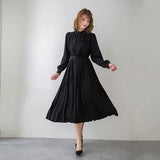 Fongt Korean Chic Light Temperament Simple Small Tie Tie To Collect 100 Folds Of The Long Pure Color Dress