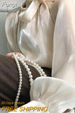 Women's Satin Blouses Stylish Big Bow Shirts 2023 Casual Puff Sleeve Female Solid Baggy Tunic