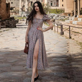 New Women's Wear In Summer Fashion Bubble Sleeve Broken Flower Tie High Forked Dress Summer Dress-Outfit