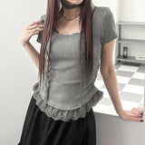 Fongt Hottie Style Solid Color Lace Splicing Short Sleeves Around The Neck Coat Folded Waist Collar Casual T-Shirt Short