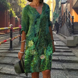 Floral Print Fashion Slim V-Neck Half Sleeve Midi
