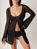 Fongt Beach Skirt In Front Of The Fork Knitted Hollow Bikini Hooded U-Collar Sunscreen